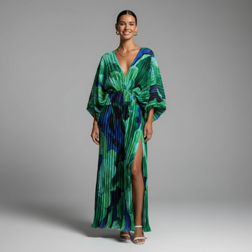 Green and Blue Pleated Kaftan Dress