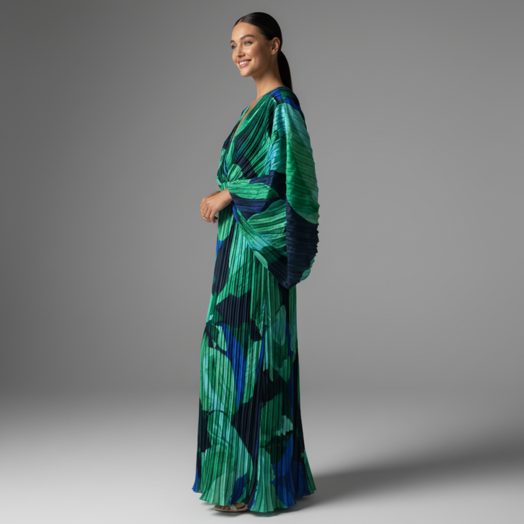 Robe kaftan plissée verte et bleue