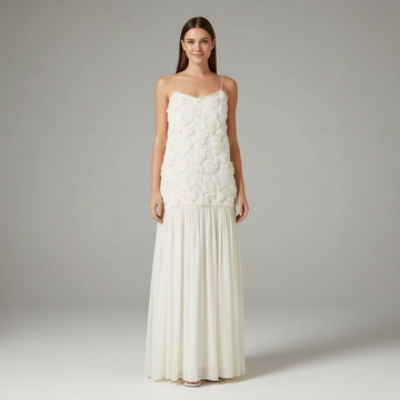 Çiçek Desenli Yama Detaylı Maksi Elbise