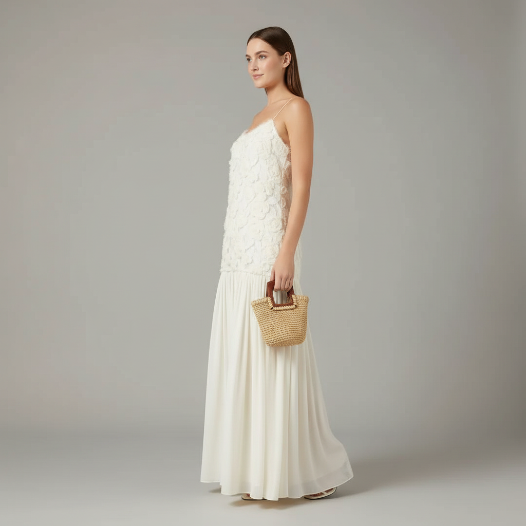 Çiçek Desenli Yama Detaylı Maksi Elbise