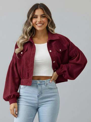 Jaqueta cropped de veludo cotelê com mangas bufantes