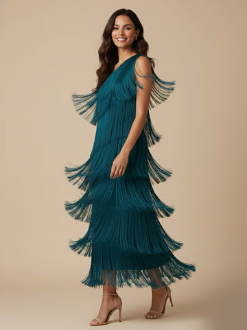 Vestido Maxi Assimétrico com Franjas