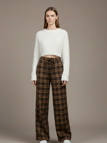 Calças xadrez de cintura alta e perna reta