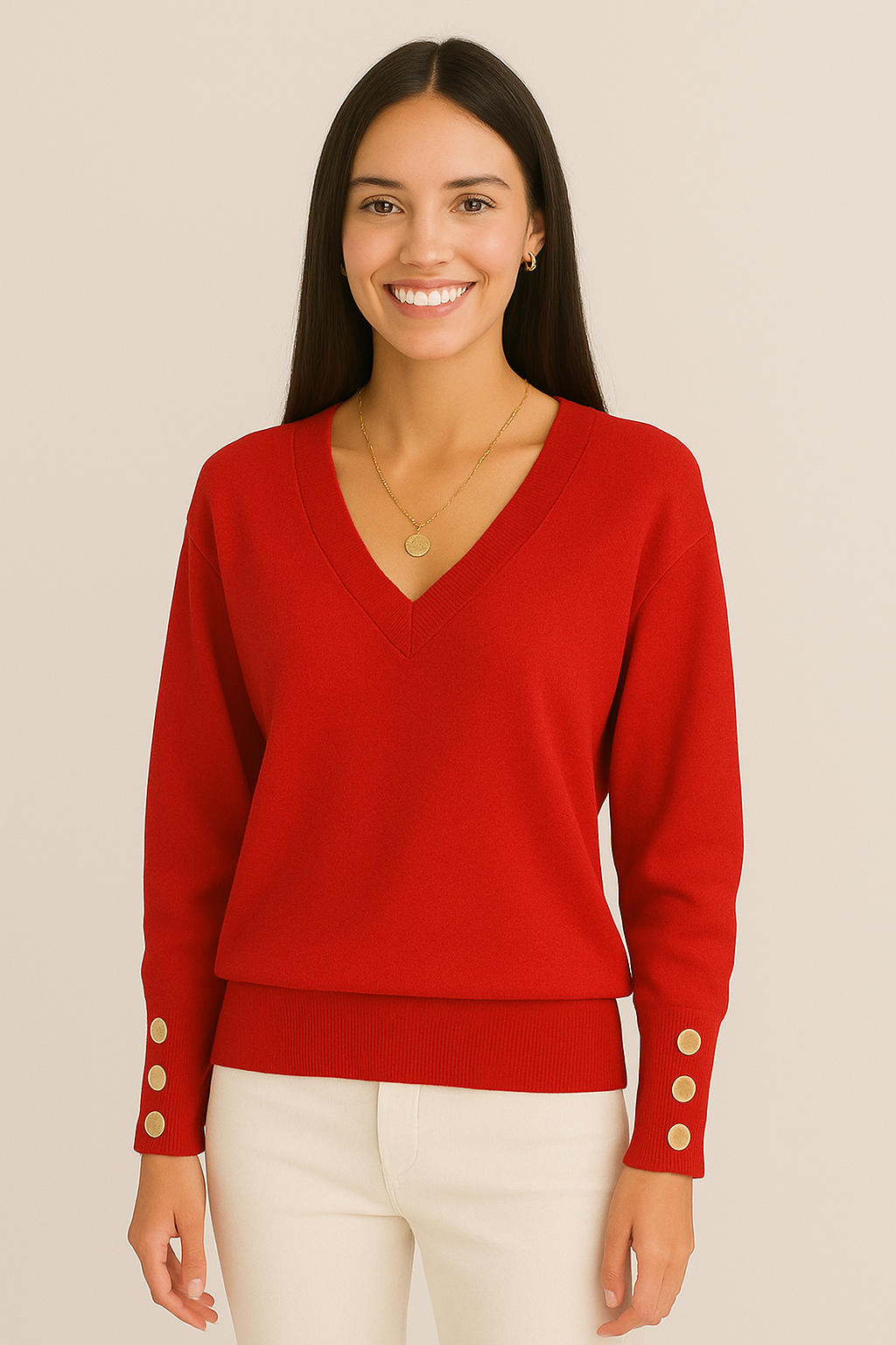 Blusa de manga comprida com decote em V e detalhes em joia