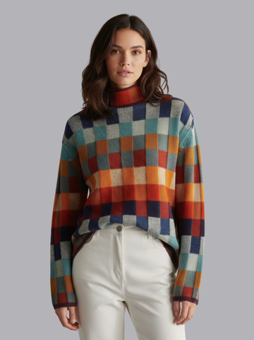 Colorblock Plaid Turtleneck Knit Sweater