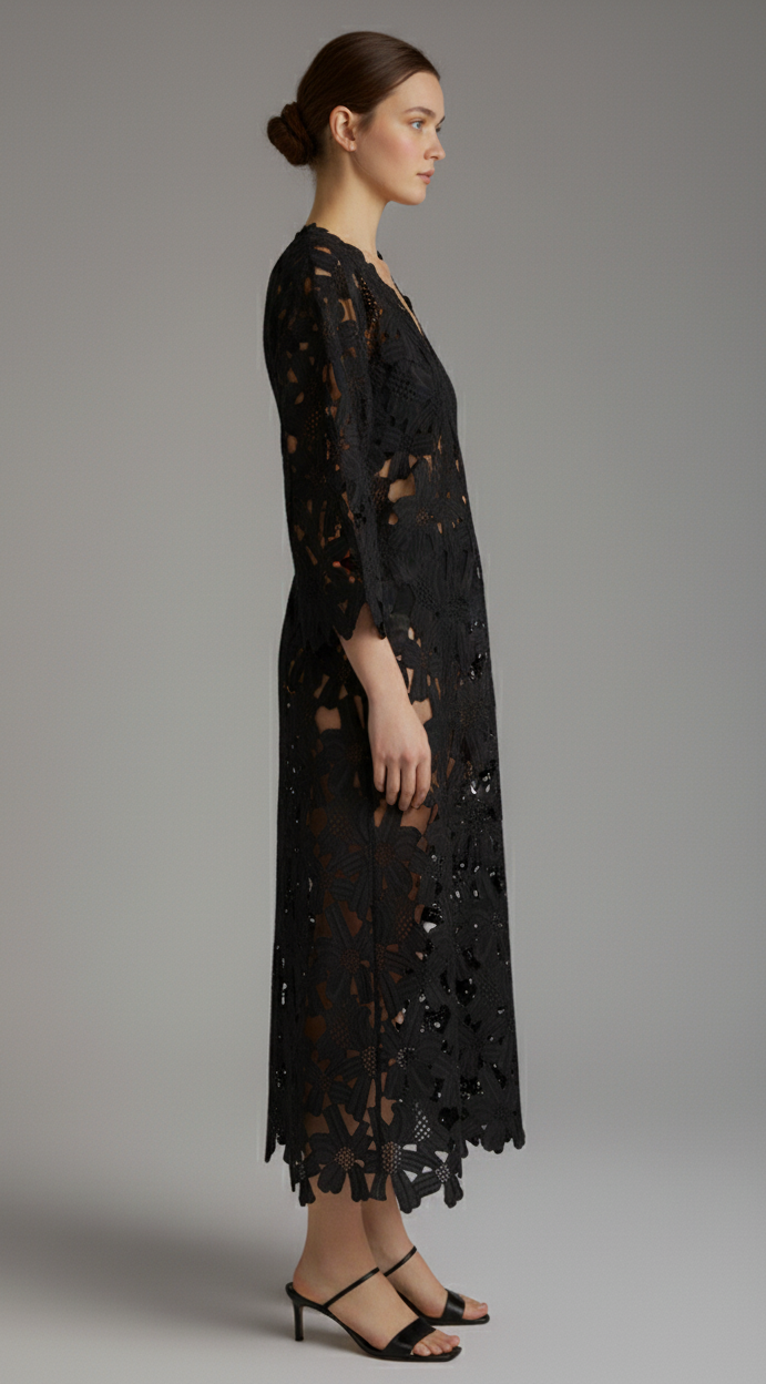 Zarif Dantelli V Yaka Midi Elbise