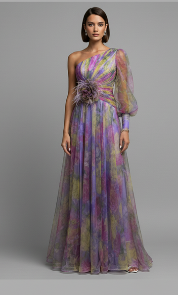 Vestido de tul floral de un solo hombro