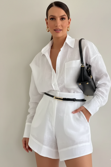 Long Sleeve Button Shirt and Tailored Shorts Set