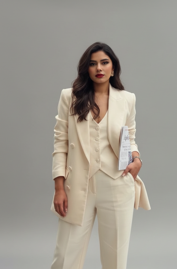 Conjunto de blazer, colete e calças de linho de pernas largas