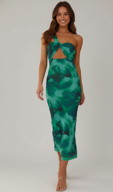 Vestido midi com estampa aquática e alças assimétricas